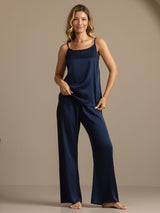 [Dark Blue] SilkSilky-AU 19Momme Machine-Washable Silk Spaghetti Strap Scoop Neck Camisole Set 004