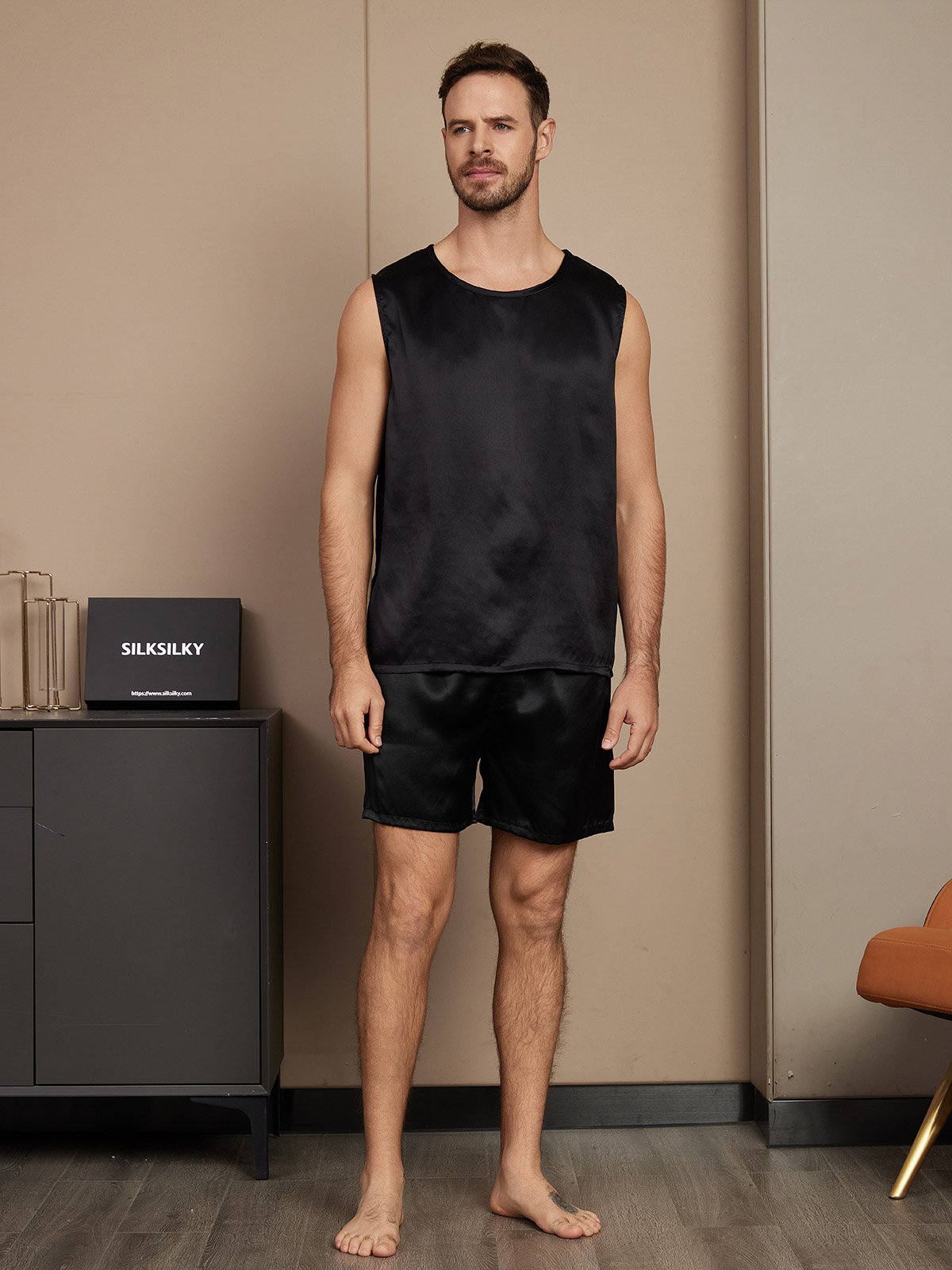 SilkSilky AU Pure Silk Sleeveless Round Neck Men's Pyjamas Black 005