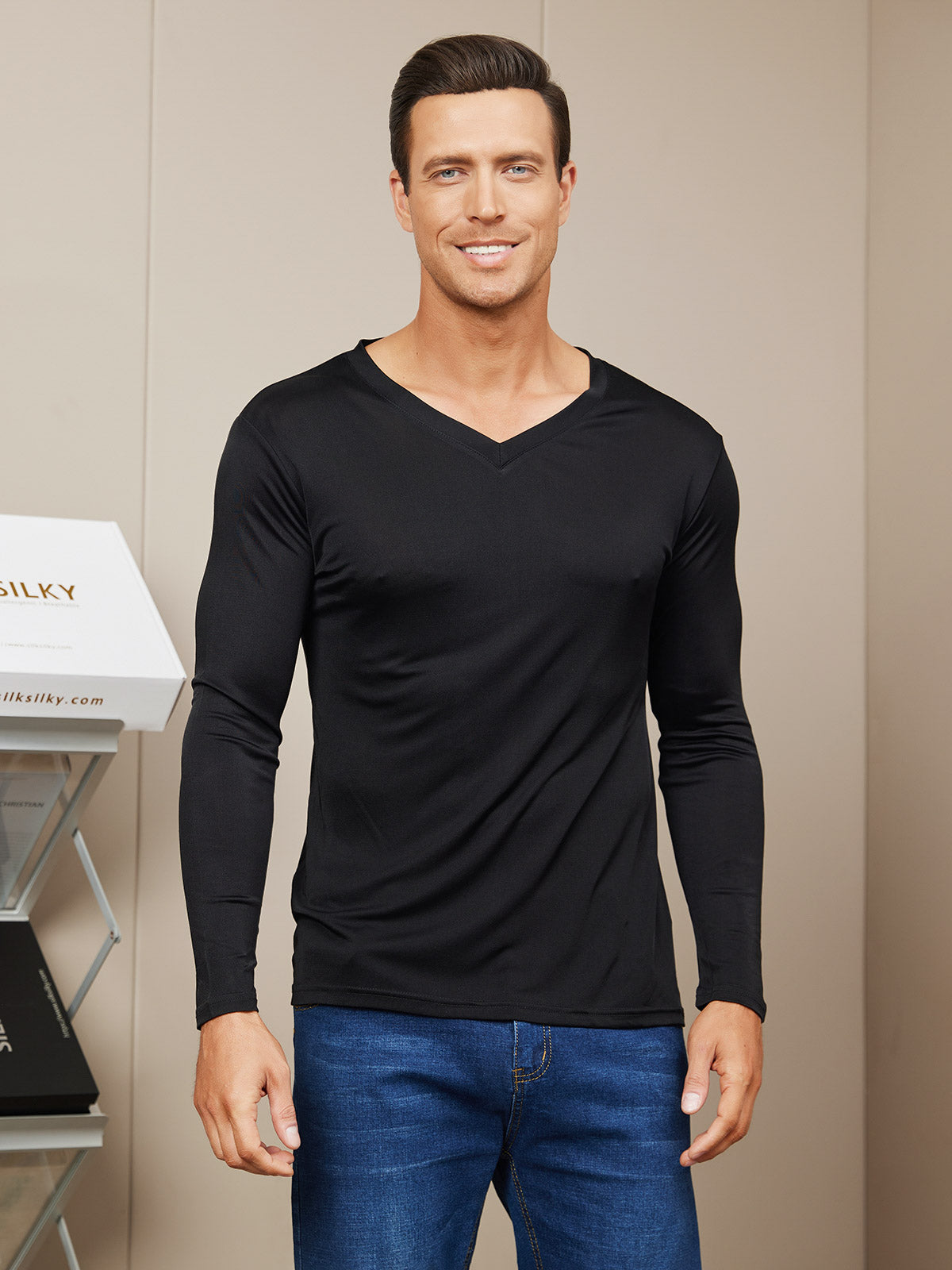 SilkSilky AU Silk Knitted Long Sleeve V Neck Men's T Shirt Black 001