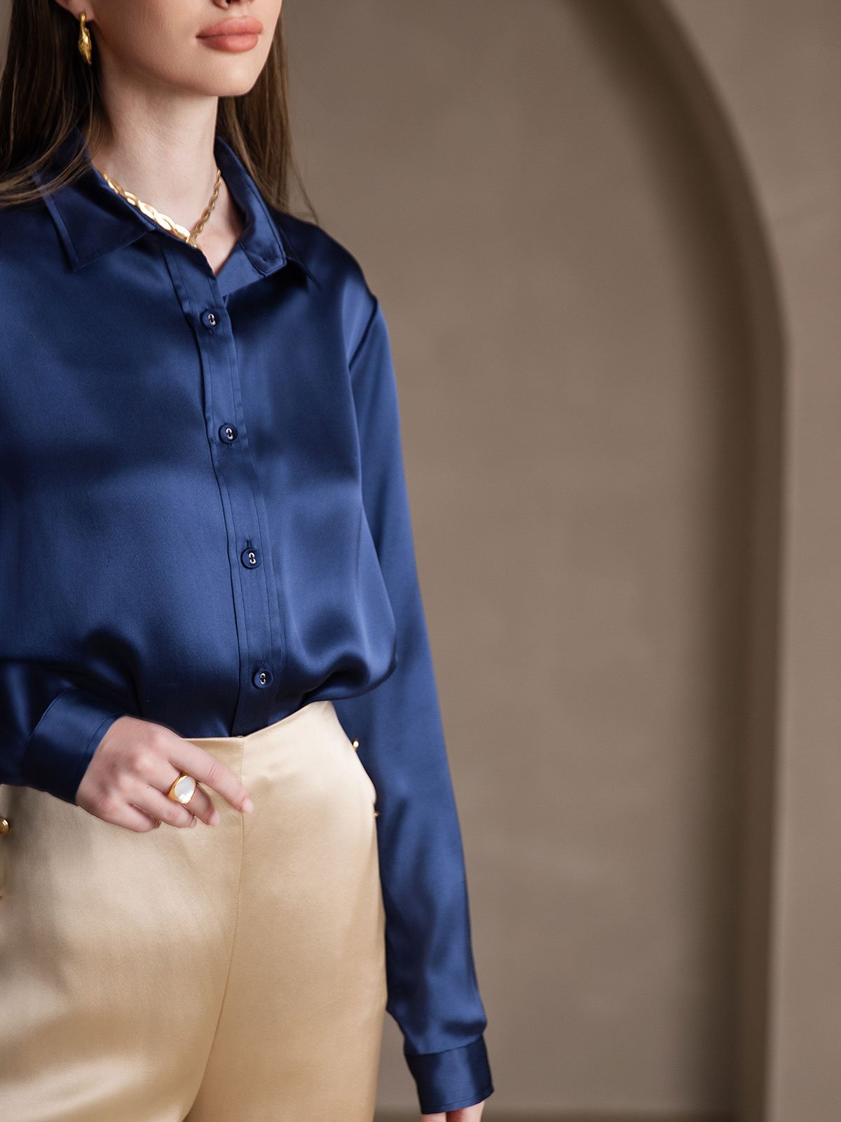 [Dark Blue] SilkSilky-AU 19Momme Stretch Silk Charmeuse Long Sleeve Lapel Collar Women's Shirt 006