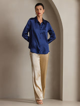 [Dark Blue] SilkSilky-AU 19Momme Stretch Silk Charmeuse Long Sleeve Lapel Collar Women's Shirt 004