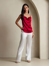 [Wine] SilkSilky-AU 19Momme Stretch Silk Charmeuse Spaghetti Strap Cowl Neck Camisole 008