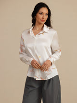 [White] SilkSilky-AU 19Momme Long Sleeve Lapel Collar Women's Shirt 004