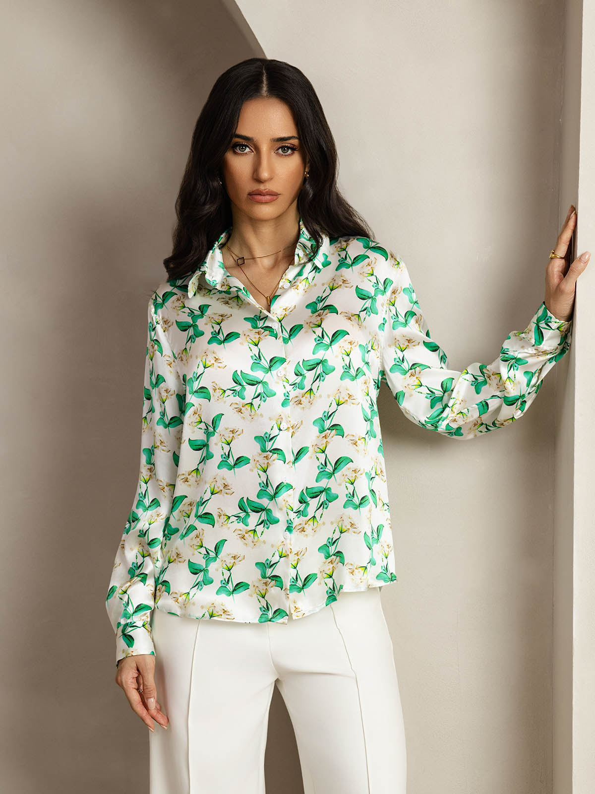 [Green Floral] SilkSilky-AU Silk Long Sleeve Lapel Collar Women's Shirt 001