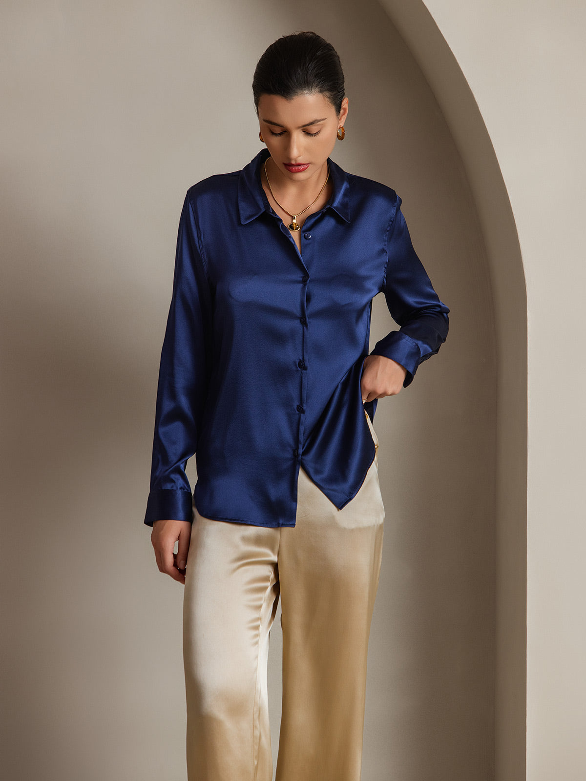 [Dark Blue] SilkSilky-AU Silk Long Sleeve Lapel Collar Women's Shirt 003