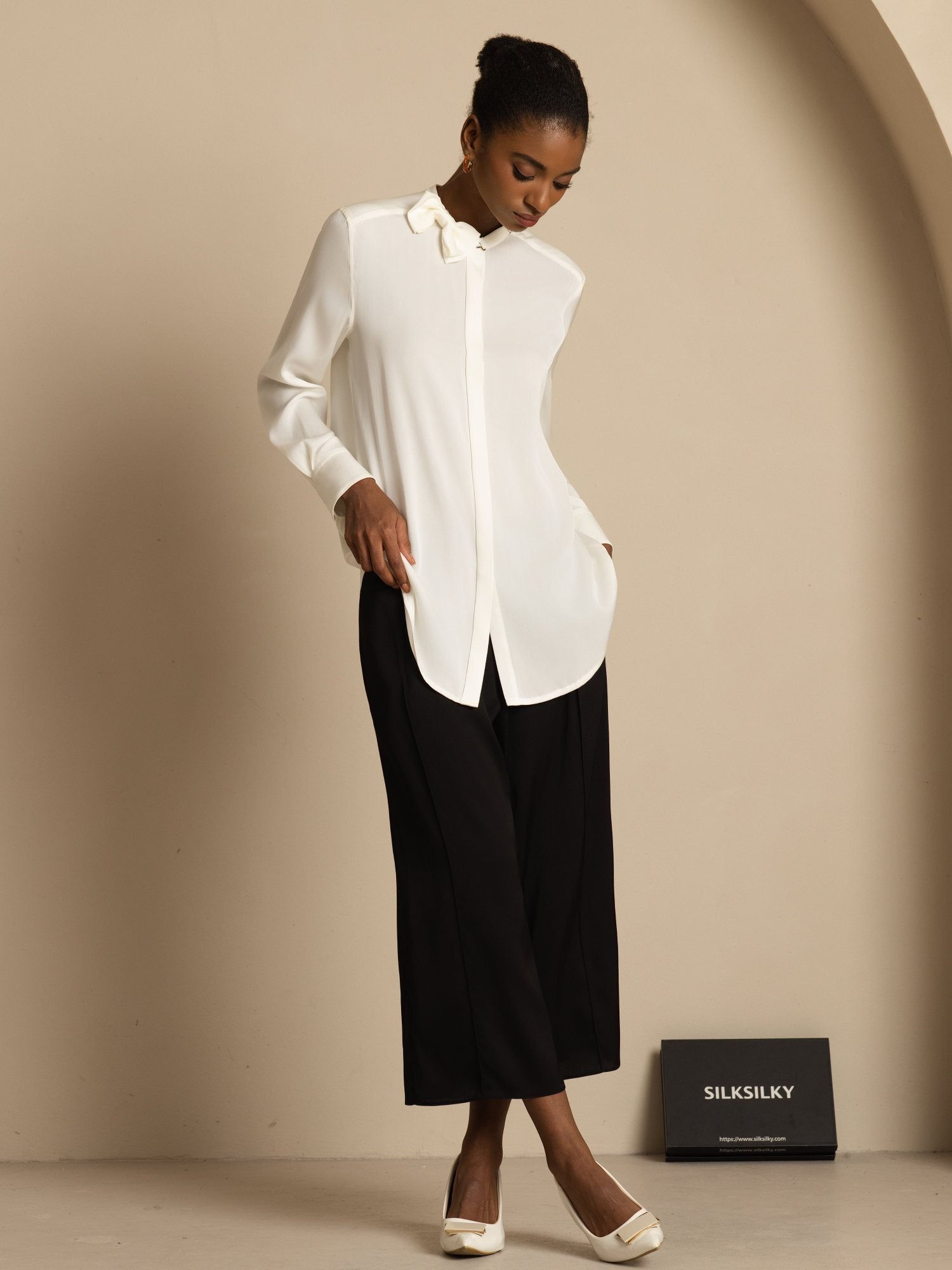 [White] SilkSilky-AU 19Momme Stretch Silk Double Georgette Long Sleeve Stand Collar Blouse 006