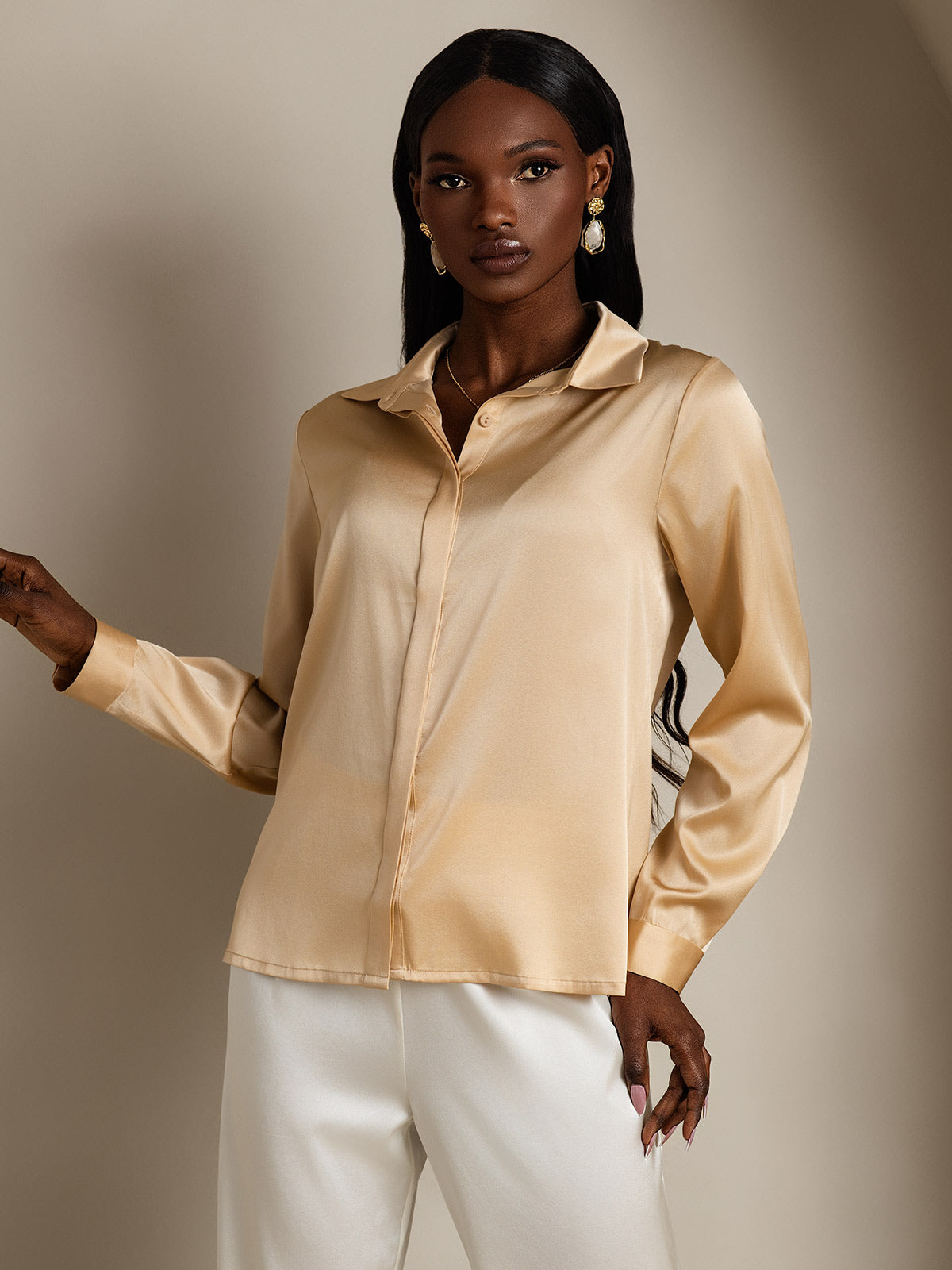 SilkSilky-AU 19Momme Silk Long Sleeve Collar Women's Shirt Champagne 004