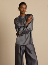 [Dark Gray] SilkSilky-AU 19Momme Stretch Silk Charmeuse Long Sleeve Round Neck Blouse 005