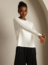 [White] SilkSilky-AU 100% Silk Jersey Long Sleeve Crew Neck Women's T-Shirt 007