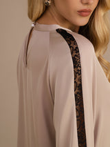 [Tan] SilkSilky-AU Long Sleeve Keyhole Neck Women's Blouse 005