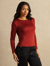 [Fired Brick] SilkSilky-AU 100% Silk Jersey Long Sleeve Crew Neck Women's T-Shirt 007