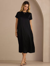 [Black] SilkSilky-AU Short Sleeve Crew Neck Dress 003