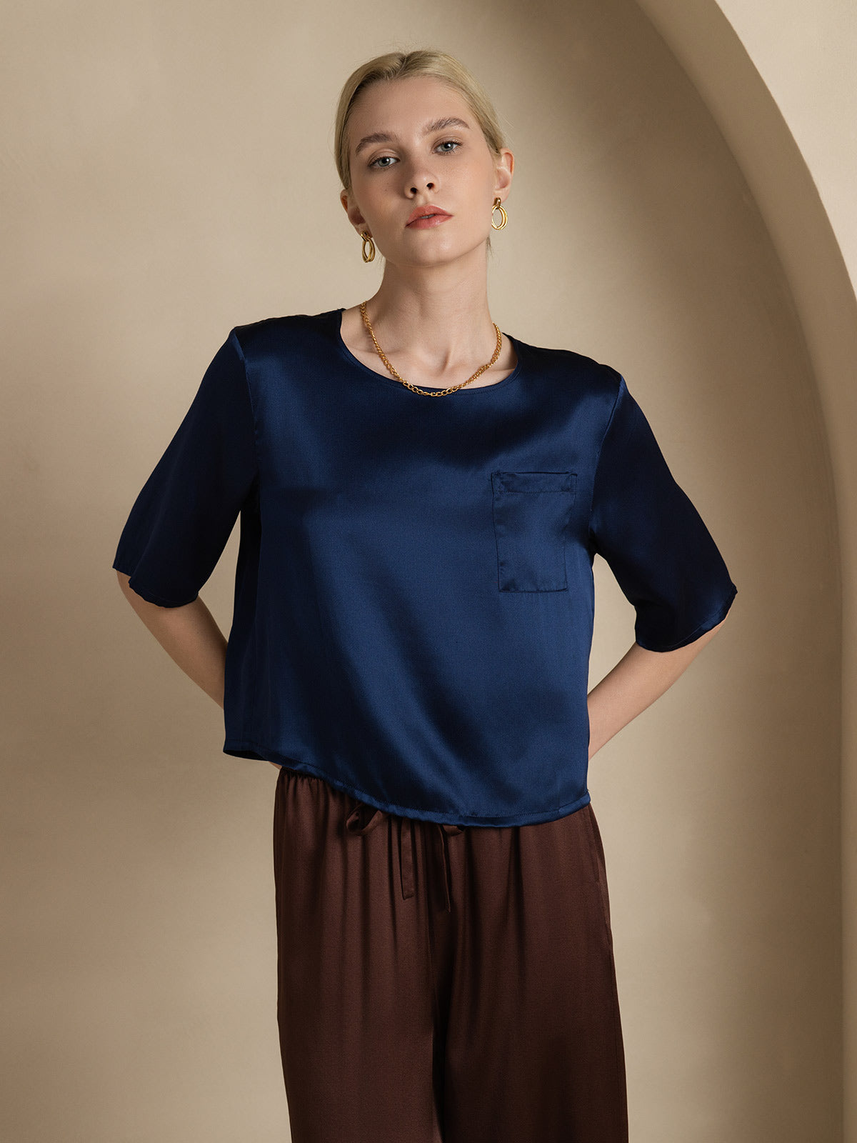 [Dark Blue] SilkSilky-AU Pure Silk Boat Neck Women's T-Shirt 001