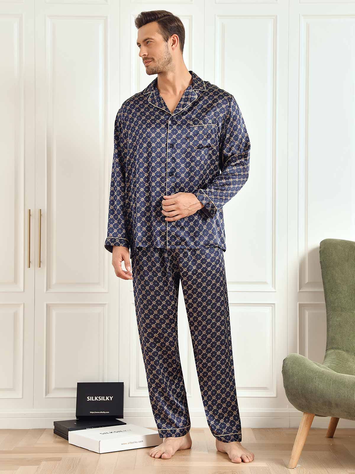 SilkSilky AU 19Momme Pure Silk Long Sleeve Lapel Men's Pyjamas DarkBlue 006