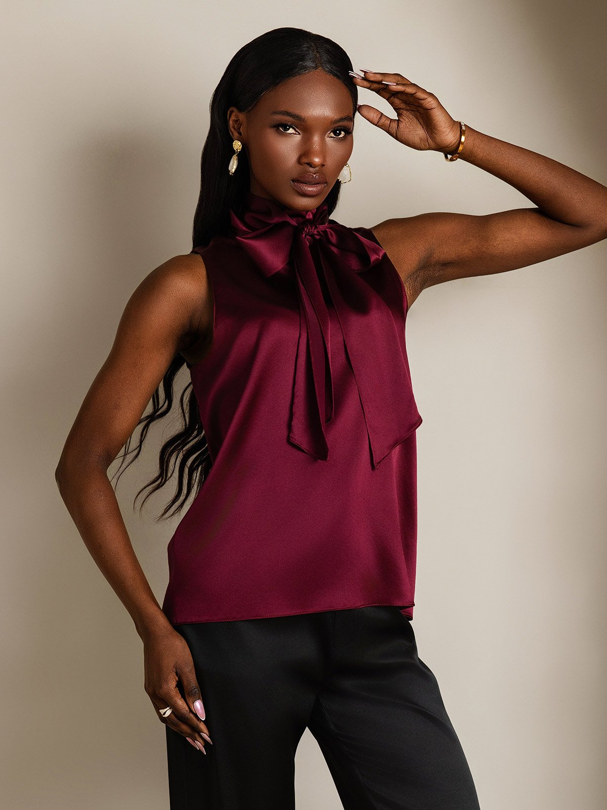 SilkSilky-AU 19Momme Silk Tie Neck Women's Shirt DarkRed 004