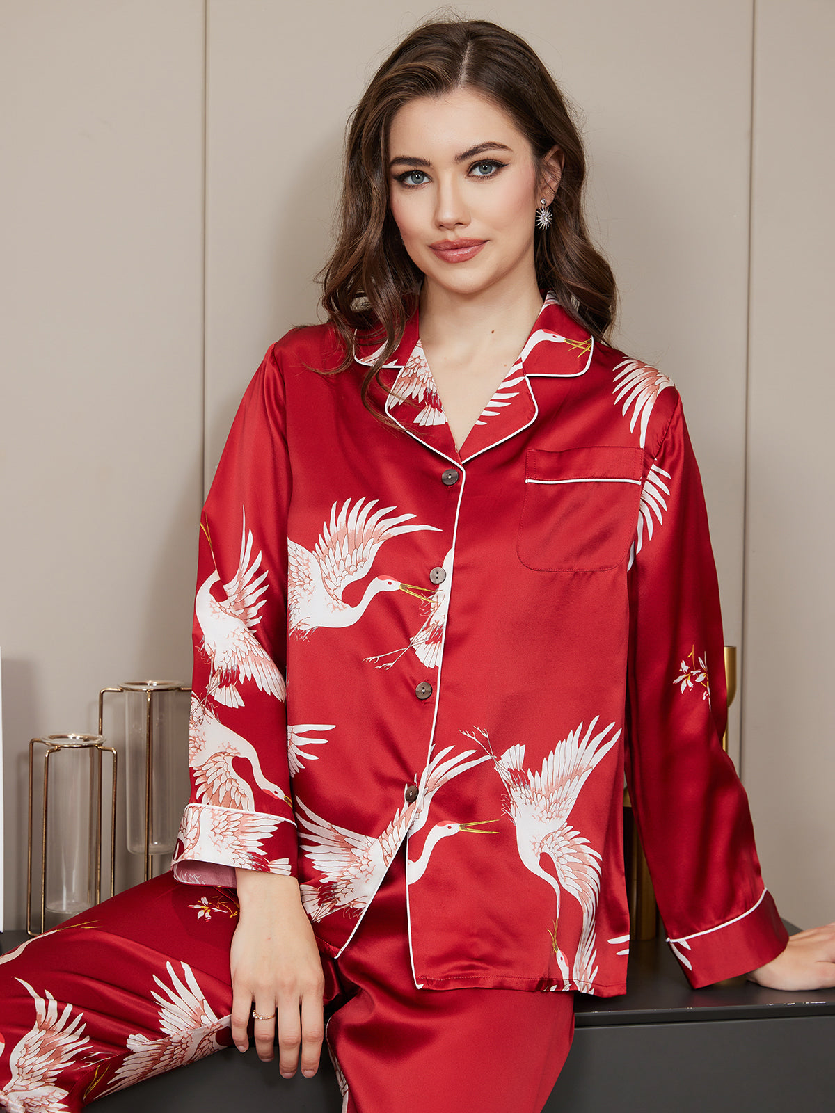 SilkSilky-AU 19Momme Pure Silk Long Sleeve Lapel Women's Pyjamas DarkRed 005