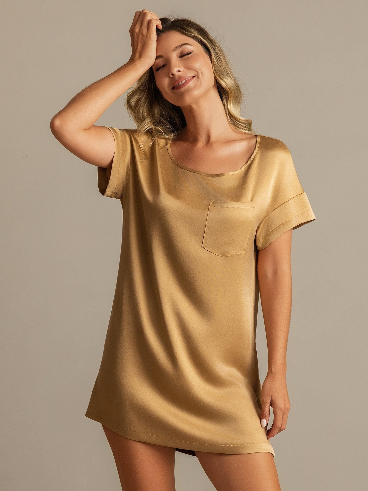 [Tan] SilkSilky-AU 19Momme Silk Round Neck Nightgown 007
