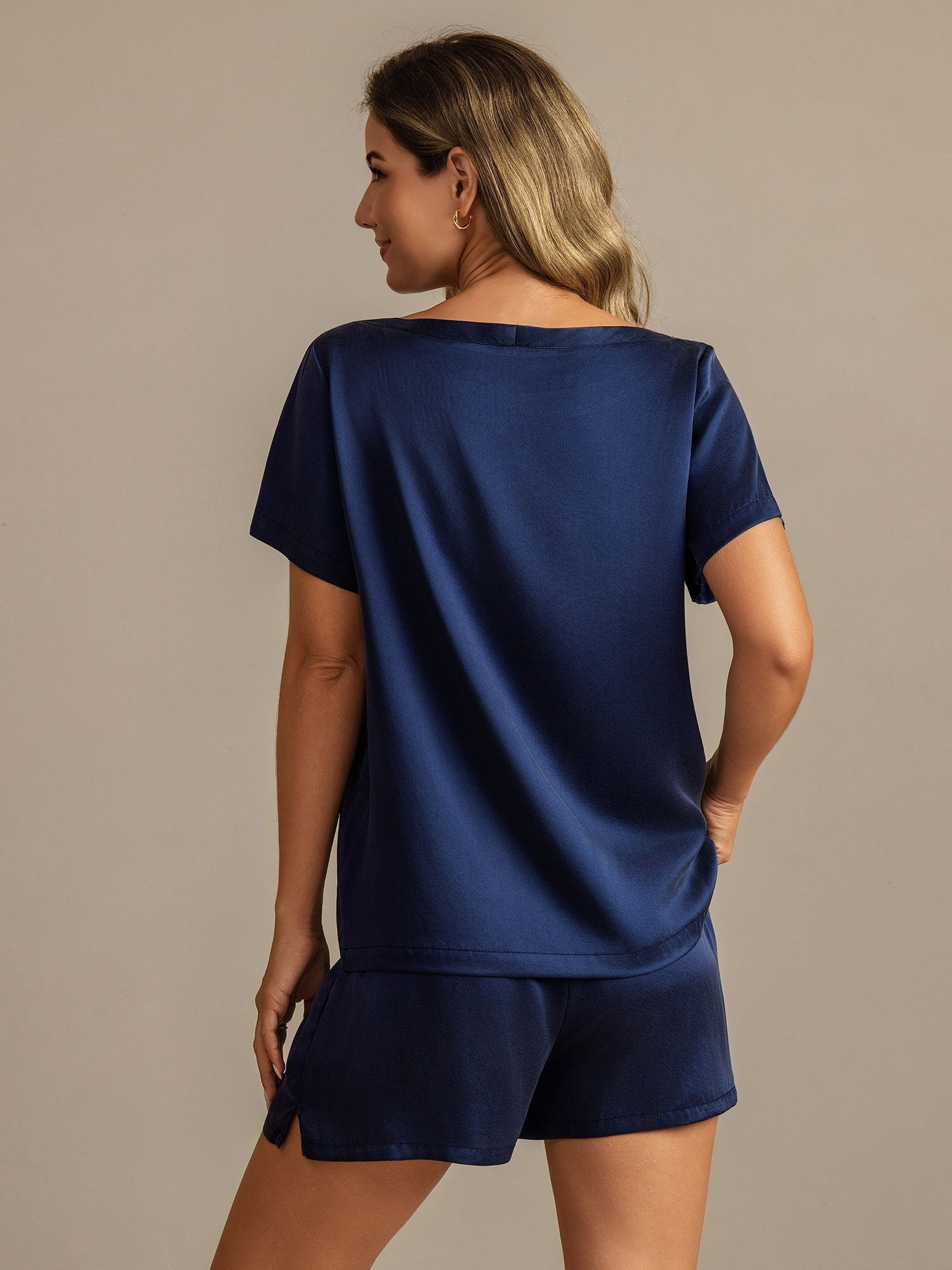 [Dark Blue] SilkSilky-AU 19Momme Machine-Washable Silk Short Sleeve Round Neck Women's Pyjamas 002