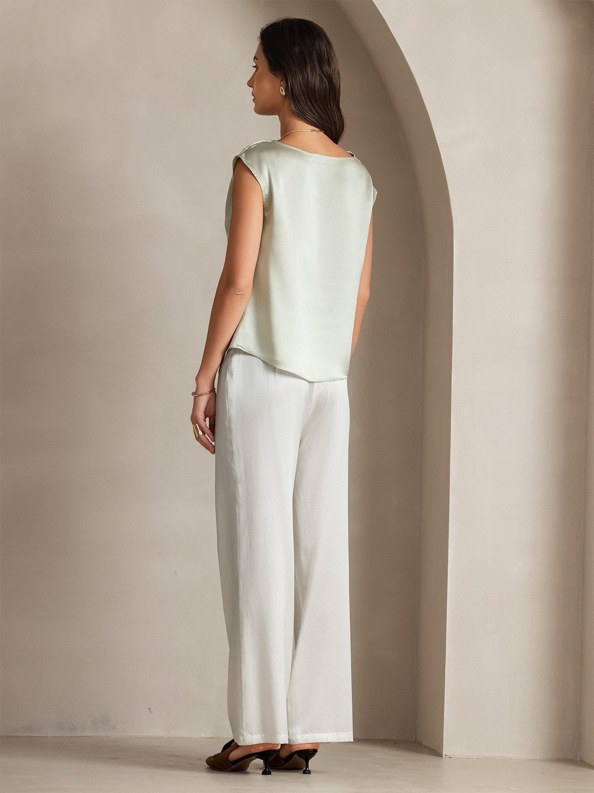 [Light Green] SilkSilky-AU 19Momme Silk Sleeveless Cowl Neck Women's T-Shirt 002