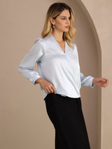 [Light Blue] SilkSilky-AU Long Sleeve Wrap Women's Blouse 004