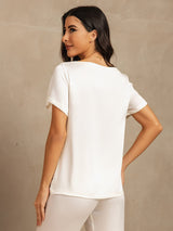 [White] SilkSilky-AU 19Momme Machine-Washable Silk Short Sleeve Women's Pyjamas 002