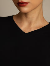 [Black] SilkSilky-AU 100% High-Twist Silk Jersey Short Sleeve V Neck Women's T-Shirt 004