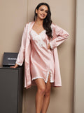 SilkSilky-AU Pure Silk Long Sleeve V Neck Nightgown&Dressing Gown Set Pink 004