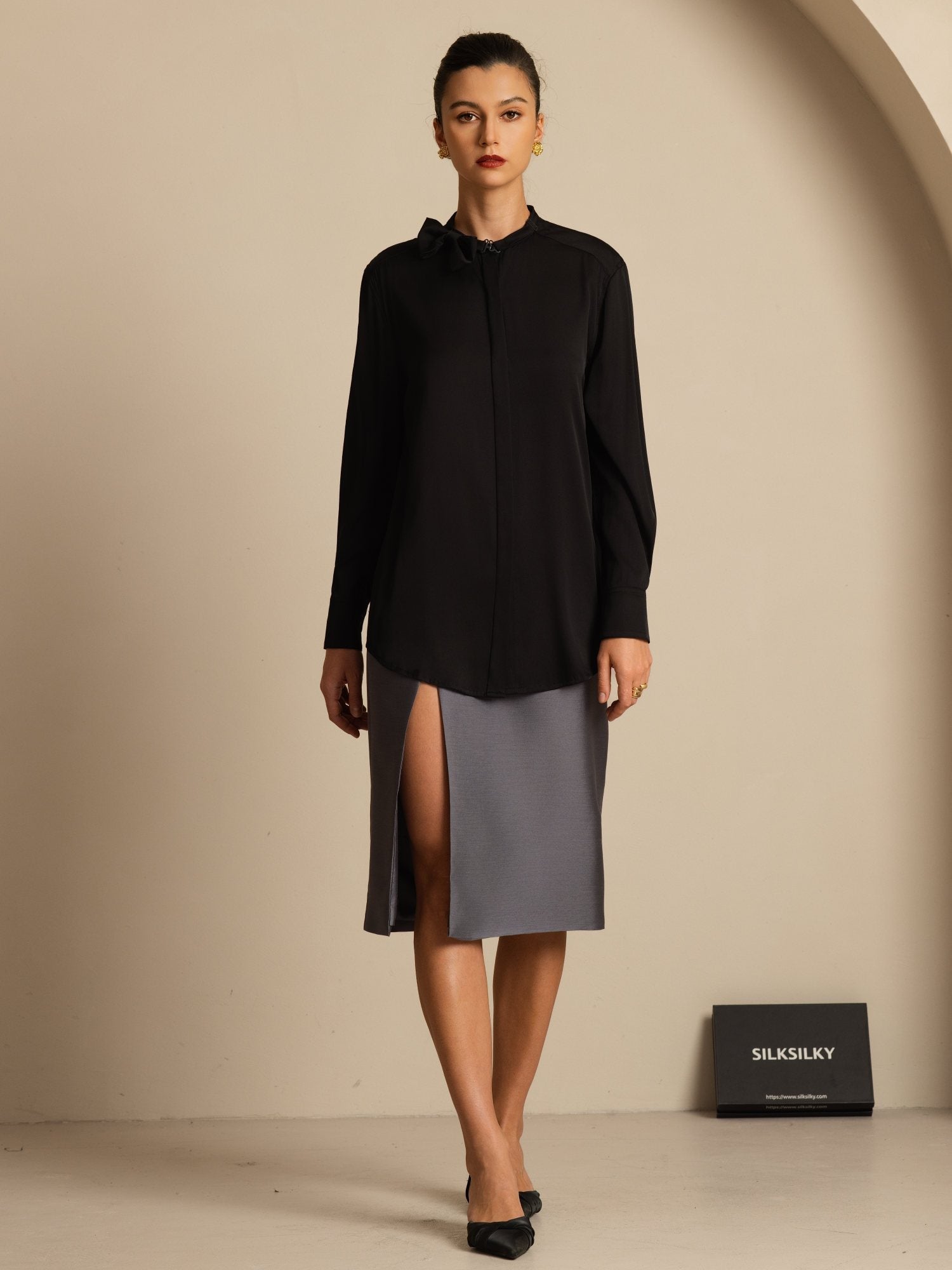 [Black] SilkSilky-AU 19Momme Stretch Silk Double Georgette Long Sleeve Stand Collar Blouse 008