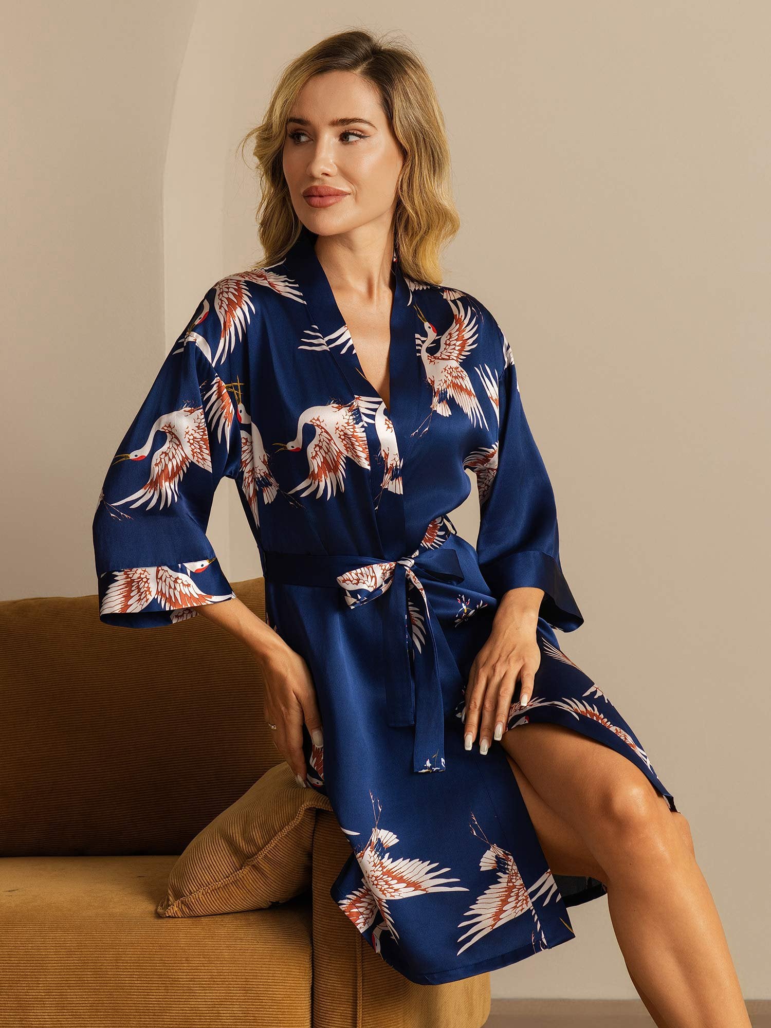 [DarkBlue] SilkSilky-AU 19Momme Pure Silk Wrap Women's Dressing Gown 001