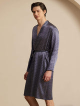[Navy Ginkgo] SilkSilky-AU Long Sleeve V Neck Men's Dressing Gown 005