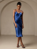 SilkSilky AU Pure Silk Deep V Neck Dress DarkBlue 007