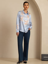[Light Blue] SilkSilky-AU 19Momme Long Sleeve Lapel Collar Women's Shirt 008