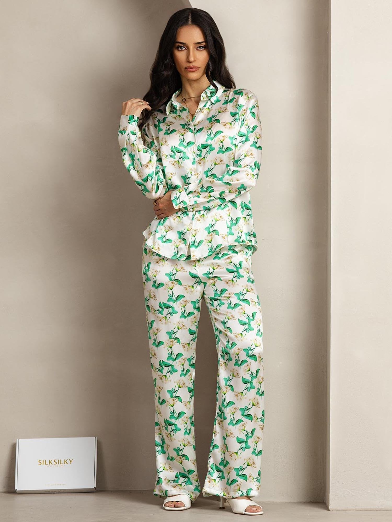 [Green Floral] SilkSilky-AU 19Momme Silk Lapel Collar Women''s Outfit Sets 004