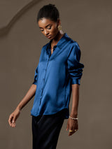 [Teal] SilkSilky-AU 19Momme Stretch Silk Charmeuse Long Sleeve Lapel Collar Women's Shirt 006