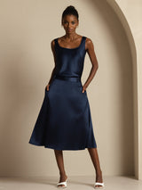[Dark Blue] SilkSilky-AU 19Momme Stretch Silk Charmeuse Skirt 006