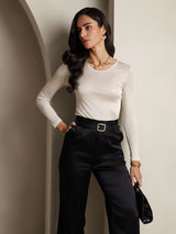 [Beige] SilkSilky-AU Silk Jersey Long Sleeve Round Neck Women's T-Shirt 006