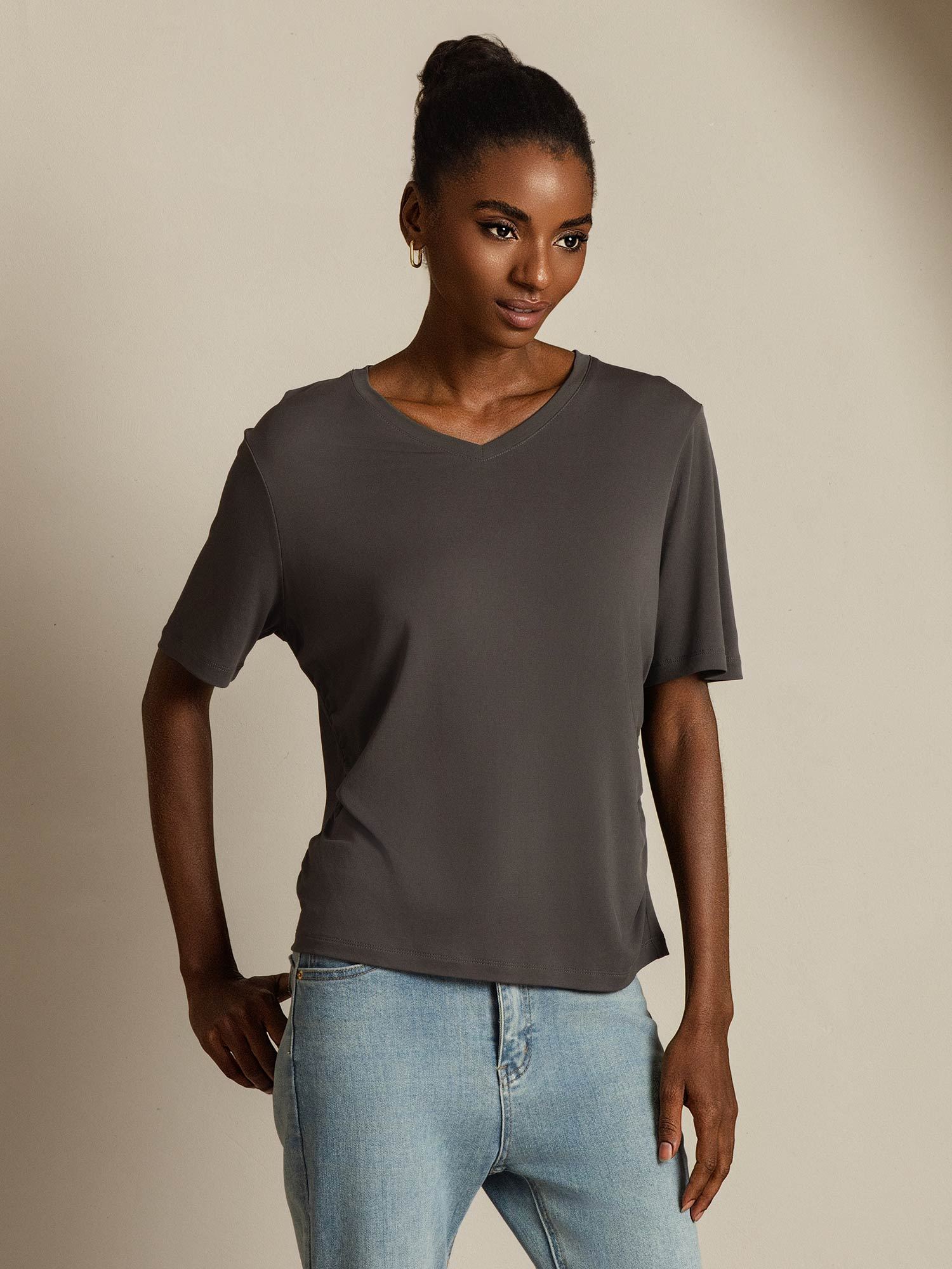 [Gray] SilkSilky-AU Pure Silk V Neck Women's T-Shirt 006