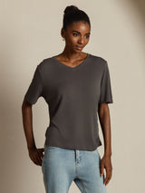 [Gray] SilkSilky-AU 100% High-Twist Silk Jersey Short Sleeve V Neck Women's T-Shirt 006