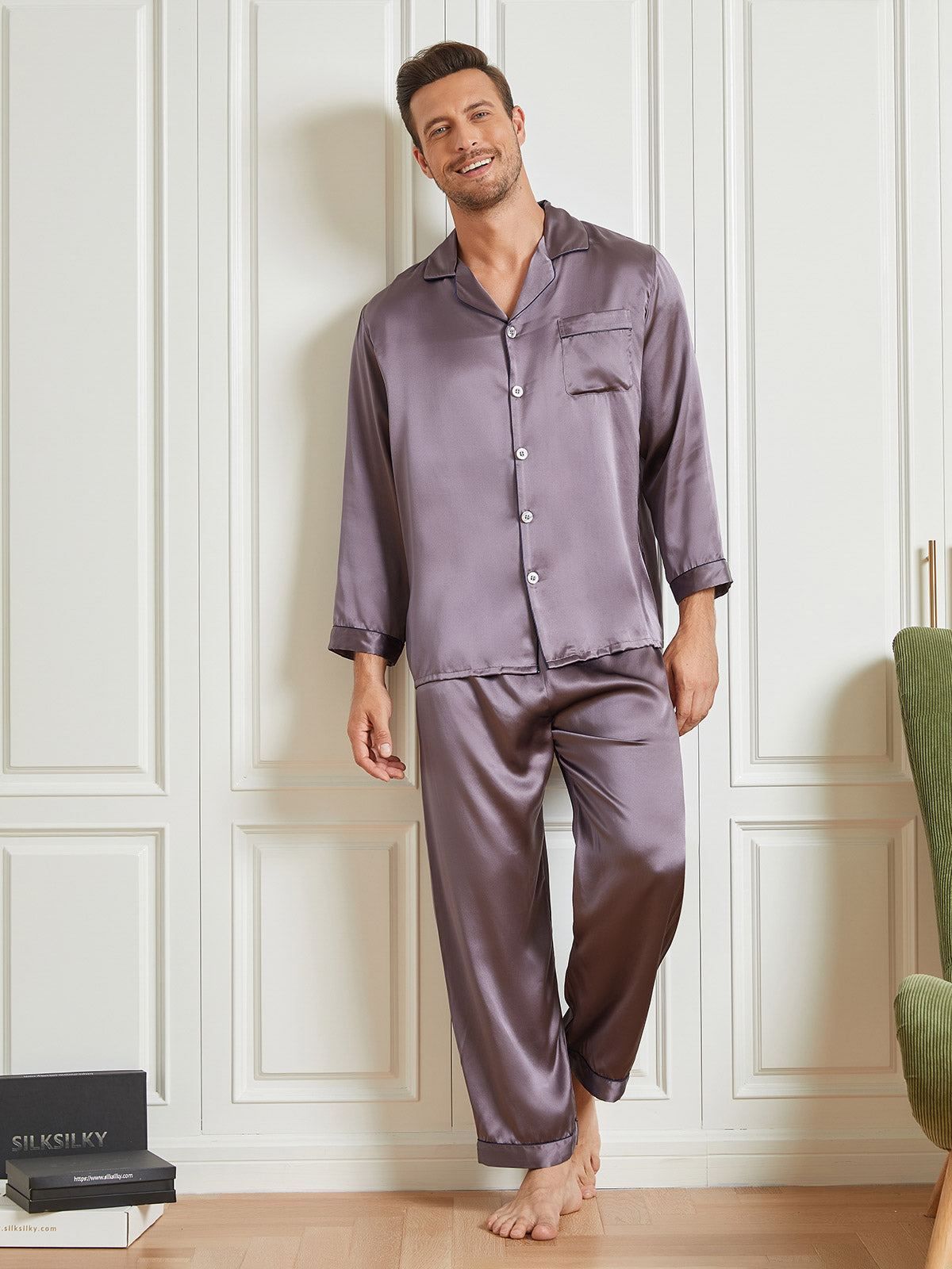 SilkSilky AU 19Momme Pure Silk Long Sleeve Lapel Men's Pyjamas Gray 003