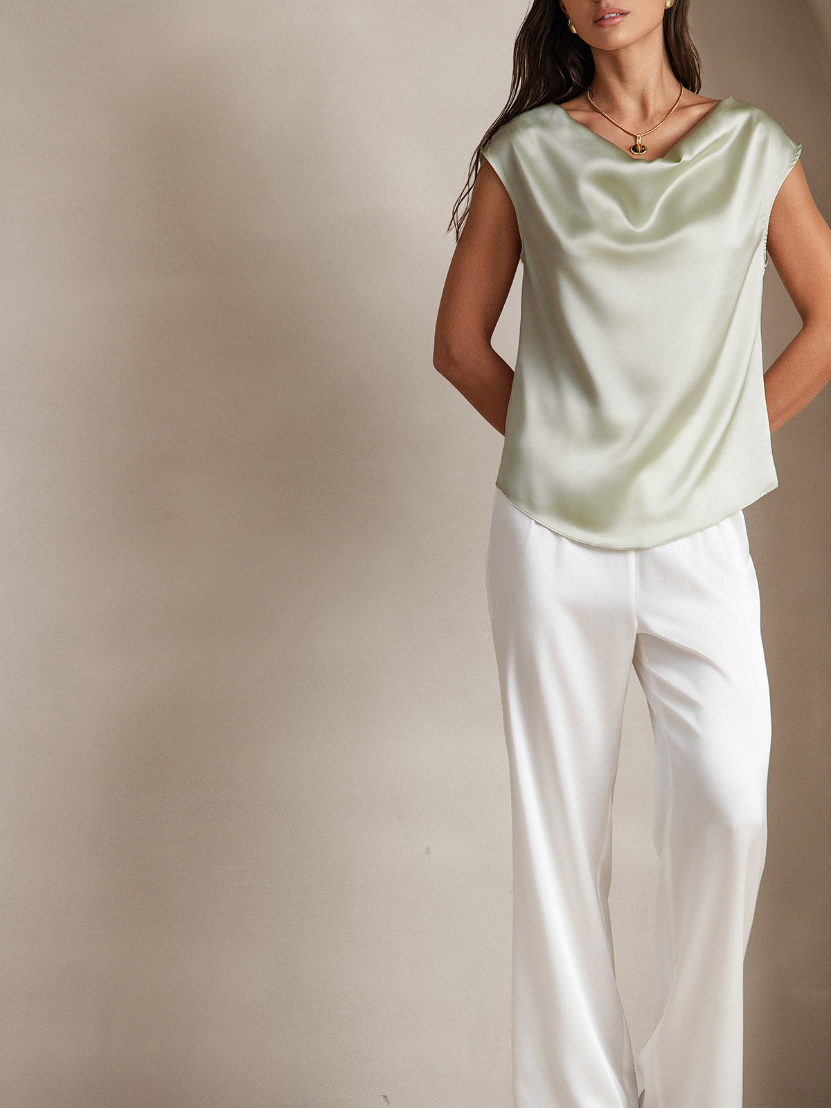 [Light Green] SilkSilky-AU 19Momme Silk Sleeveless Cowl Neck Women's T-Shirt 004