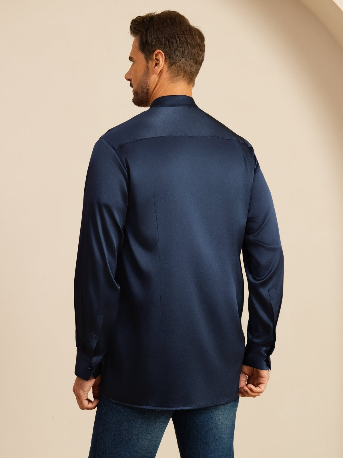 [Dark Blue] SilkSilky-AU Long Sleeve Stand Collar Men''s Shirt 002