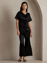 [Black] SilkSilky-AU Short Sleeve Cowl Neck Women's Blouse 003