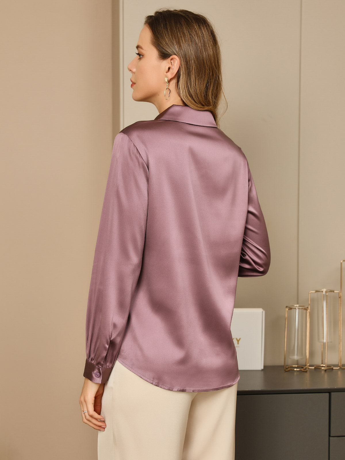 SilkSilky AU 19Momme Silk Long Sleeve Collar Women's Shirt PaleMauve 002