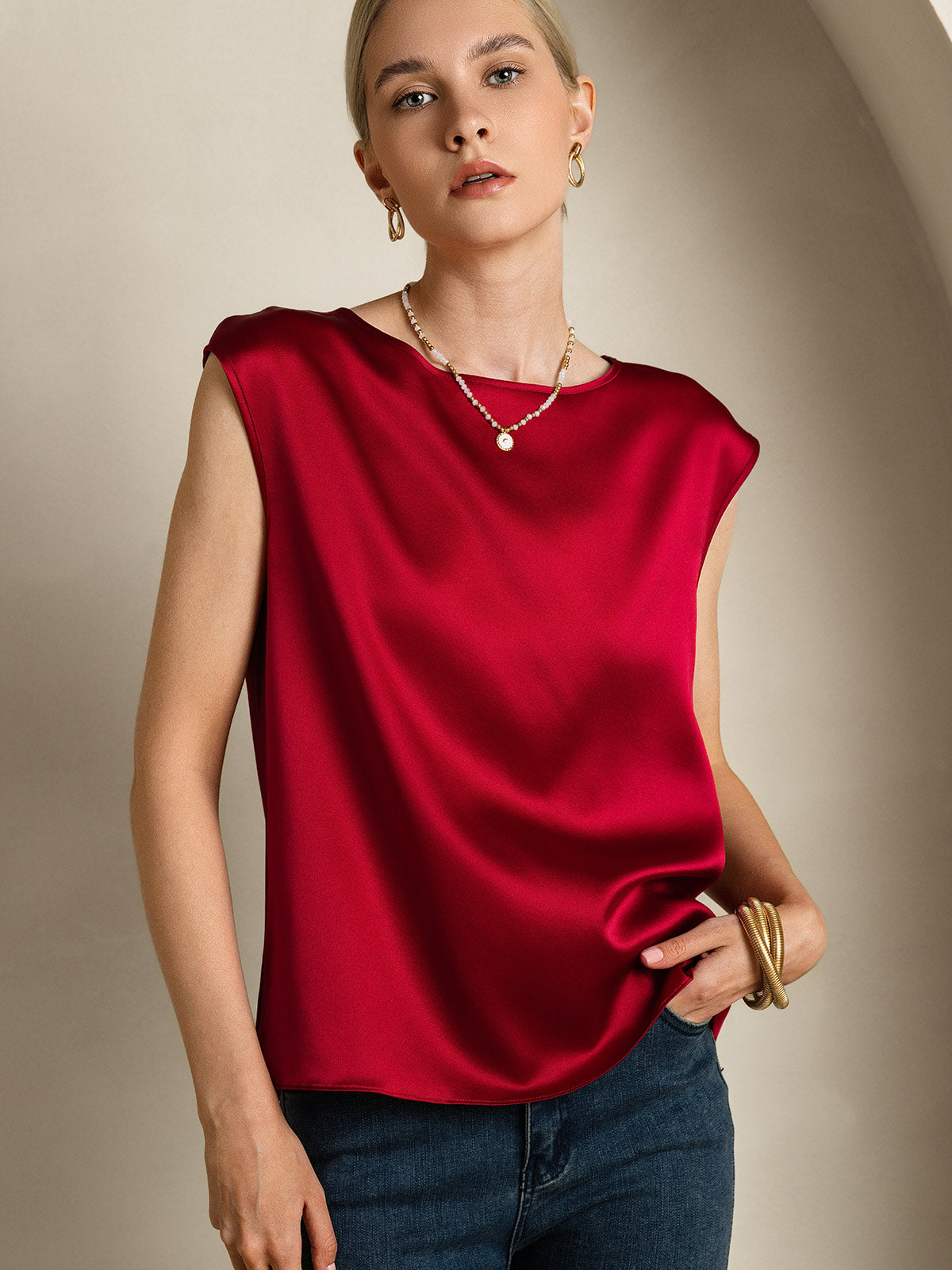 [Wine] SilkSilky-AU 19Momme Stretch Silk Charmeuse Cap Sleeve Round Neck Women's T-Shirt 003