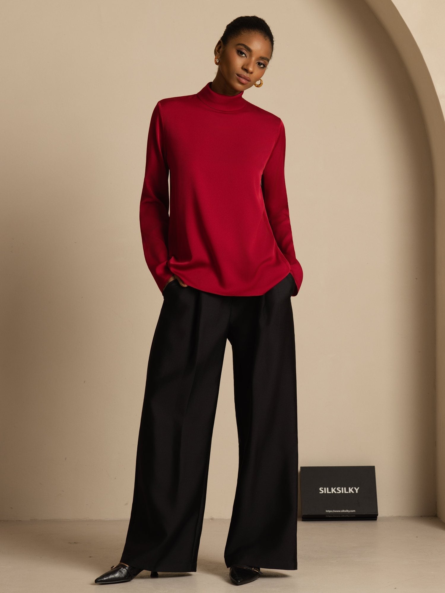 [Wine] SilkSilky-AU 19Momme Silk Long Sleeve Turtle Neck Women's T-Shirt 001