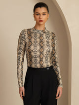 [Snakeskin] SilkSilky-AU 100% Silk Jersey Long Sleeve Mock Neck Women's T-Shirt 001