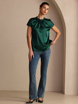 [Dark Green] SilkSilky-AU Short Sleeve Split Women's Blouse 006