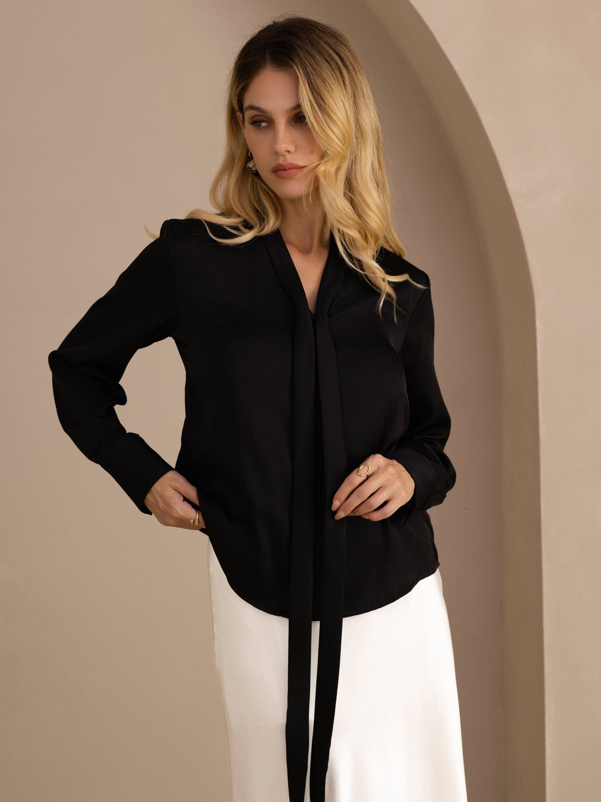 [Black] SilkSilky-AU Long Sleeve Tie Neck Women's Blouse 002