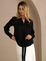 [Black] SilkSilky-AU Long Sleeve Tie Neck Women's Blouse 002