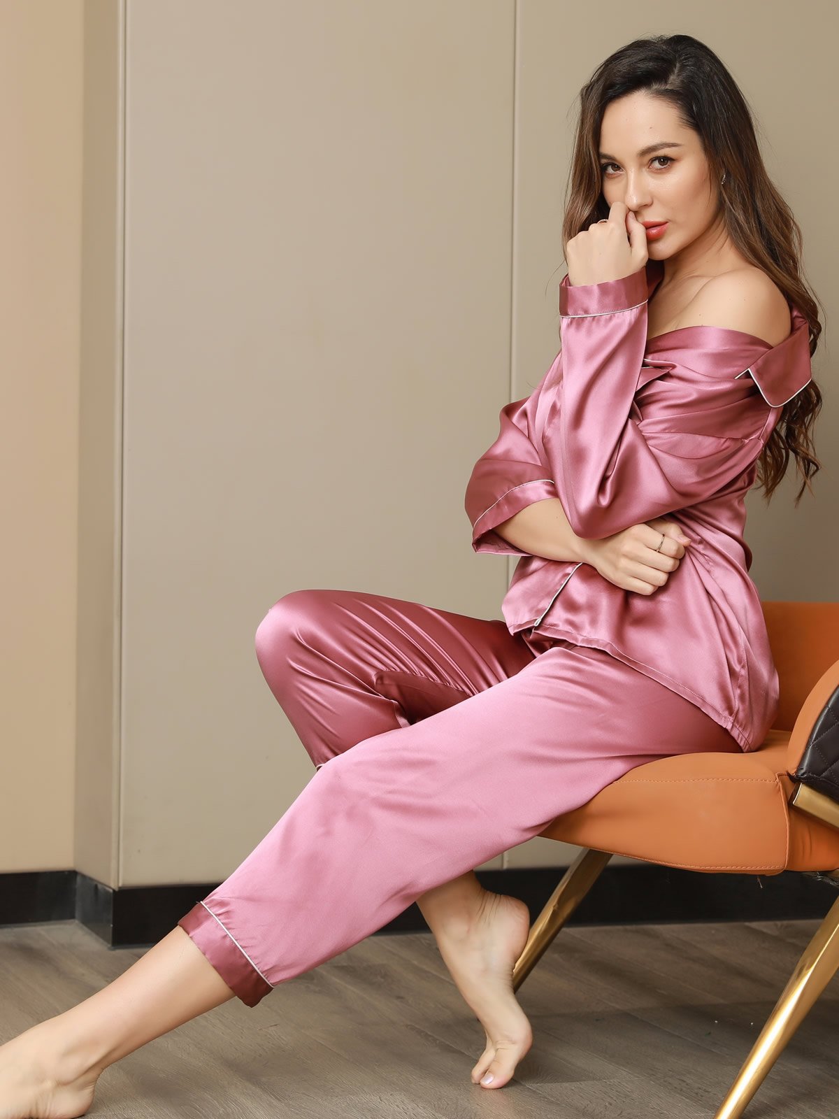 SilkSilky-AU Pure Silk Long Sleeve Lapel Women's Pyjamas PaleMauve 007